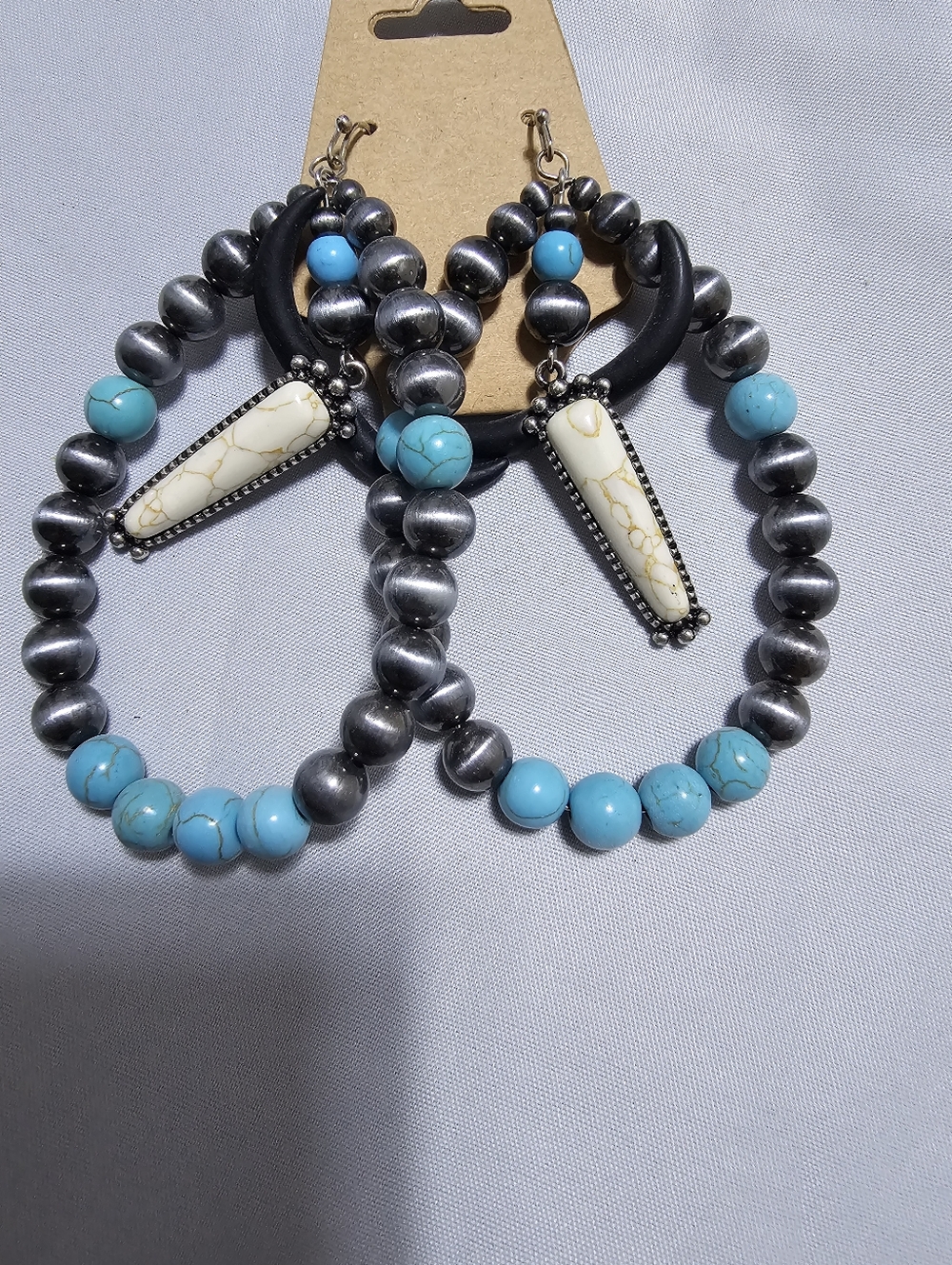 Turquoise & Silver Beaded Hoop Earrings with White Stone Accent